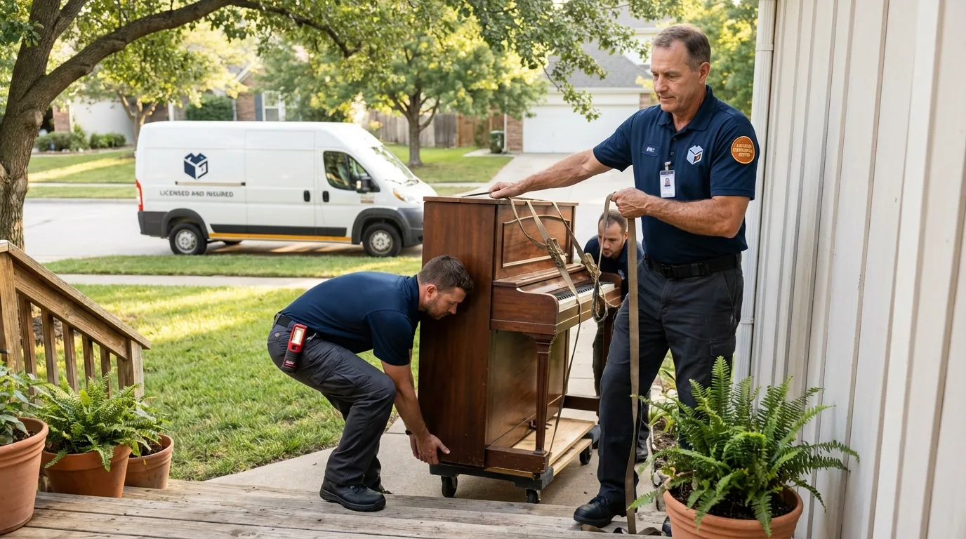 Licensed piano movers securing grand piano in Kempner, TX