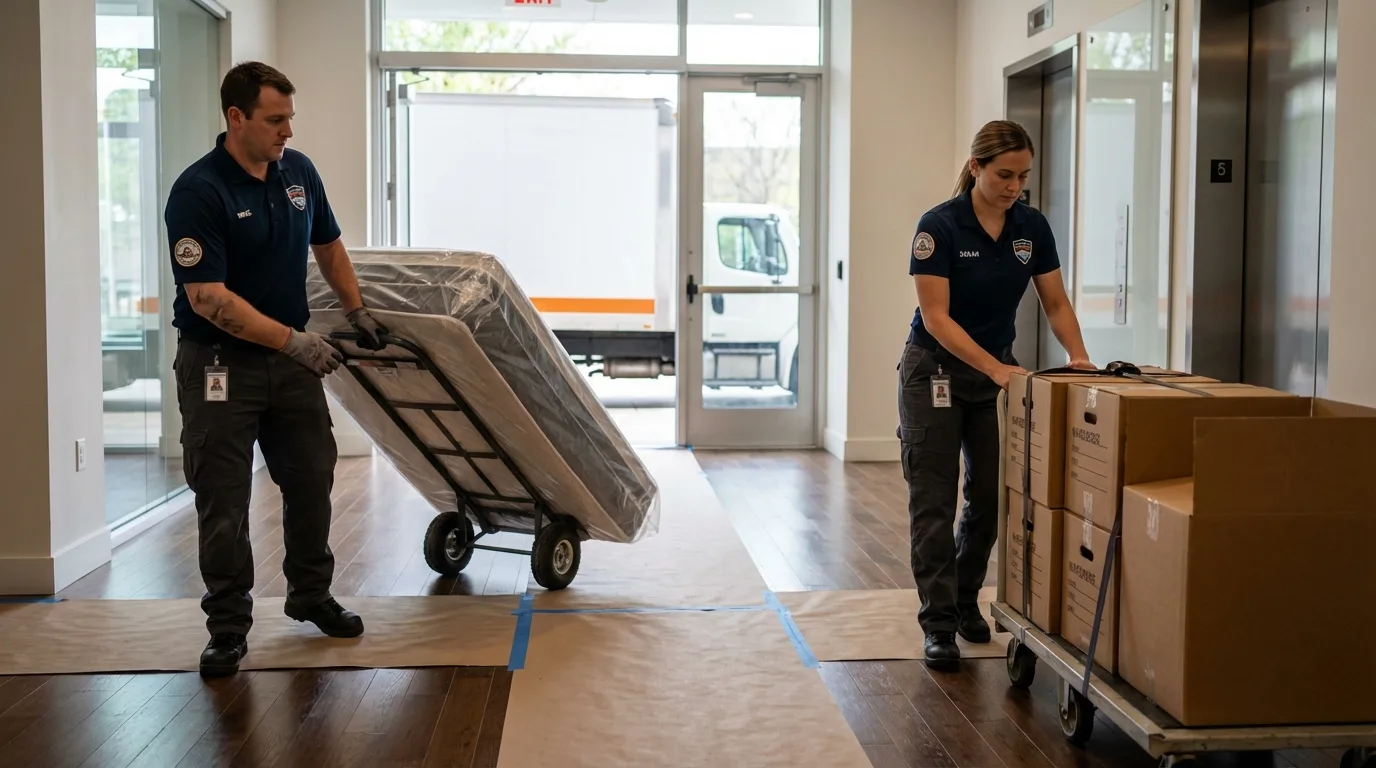 Professional apartment movers loading elevator in Kempner, TX
