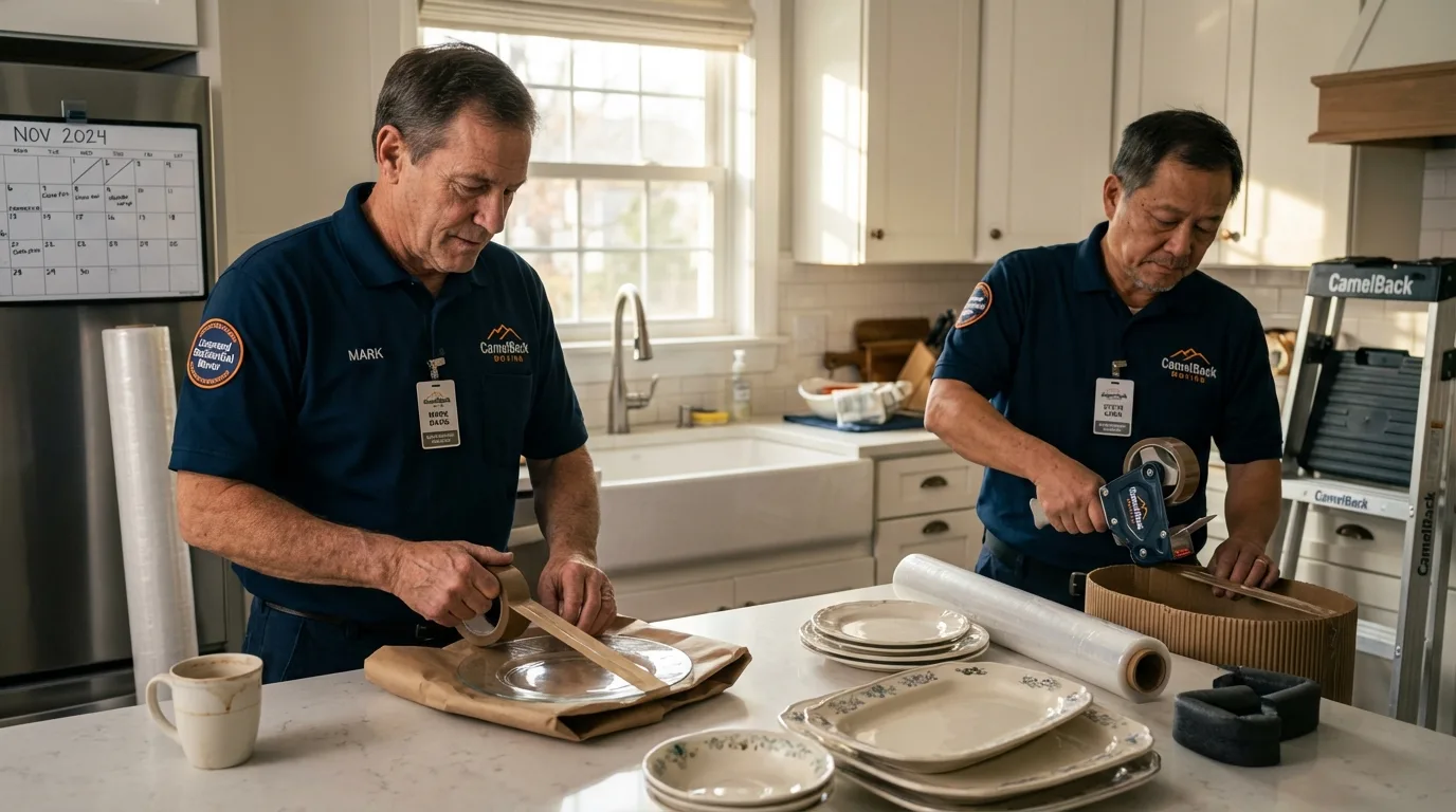 Professional crew packing kitchen dishware in Kempner, TX